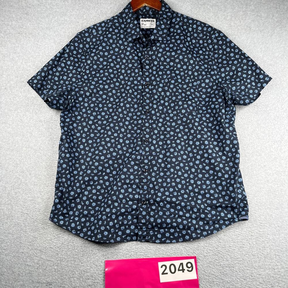 Express Soft Wash Slim Shirt Navy Blue Flower Tropical Button Up Short Sleeve XL